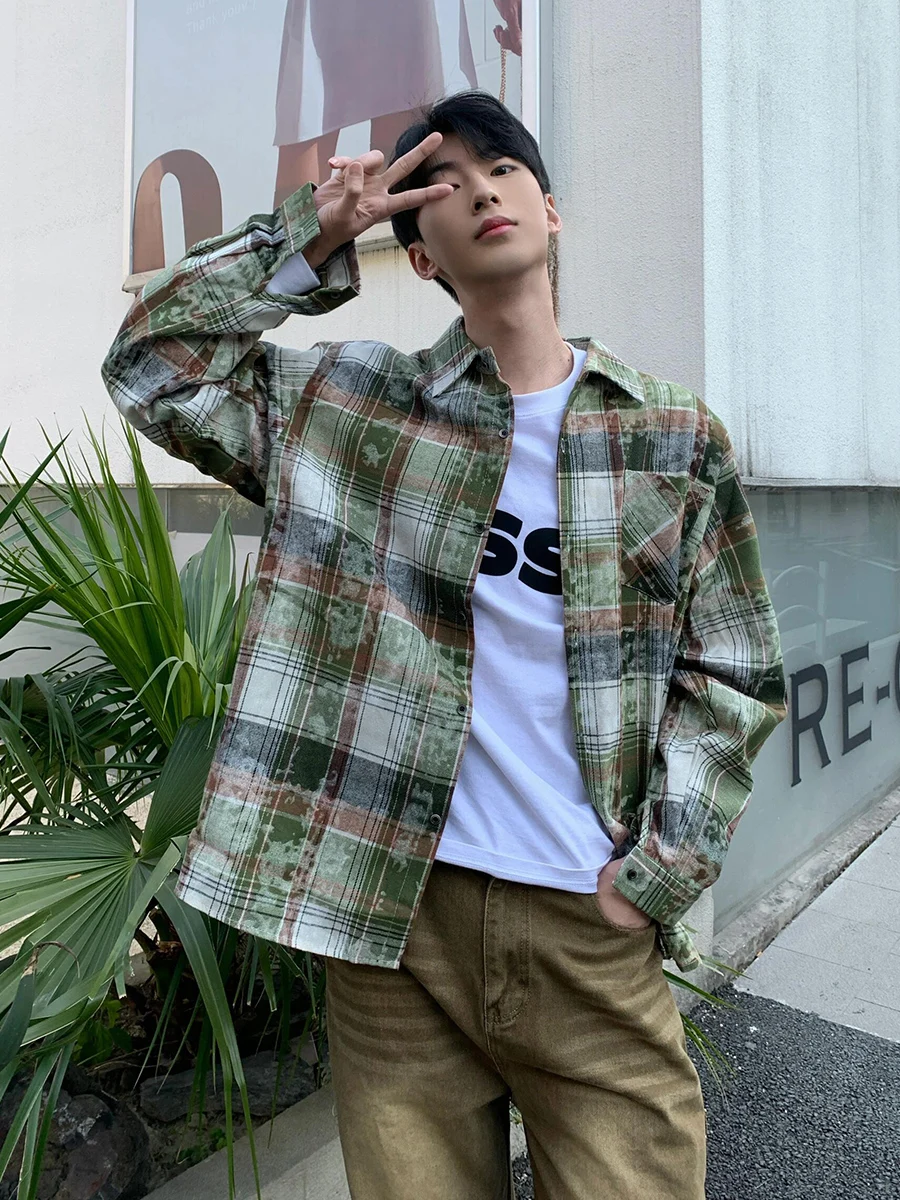 

Men's Long Sve Tie Dye Plaid irt Spring Autumn Sle College Faion Trendy American Brand Trendy Plaid Jaet