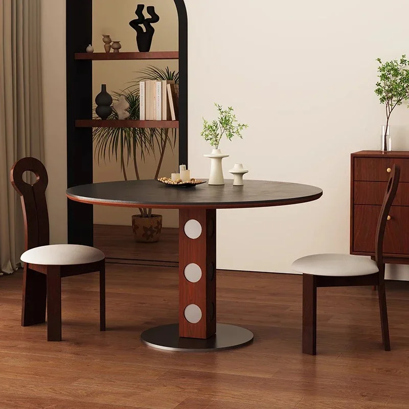 

Modern Retro Walnut Solid Wood Dining Table Circular Antique Restaurant Rock Board Dining Table for 6 People Home Furniture