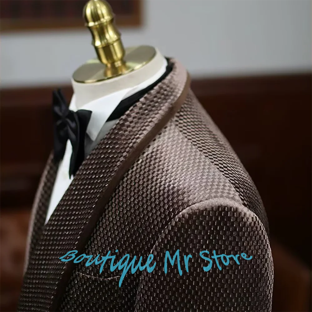Brown Textured Velvet Double-Breasted Men's Suits 2Piece Pants Set Shawl Lapel Blazer Formal Luxury Evening Gentlemen Jacket