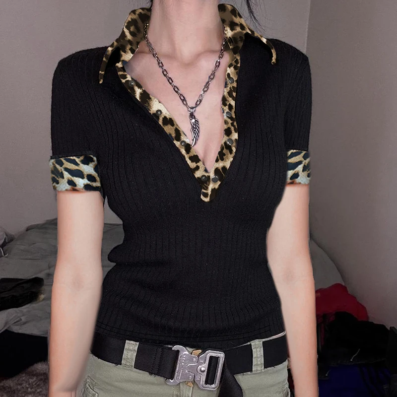 

Slim-Fitting Contrast Color T-Shirt Women Elegant Turn-Down Collar Short Sleeve Tees 2026 Summer Spring Fashion Streetwear Lady