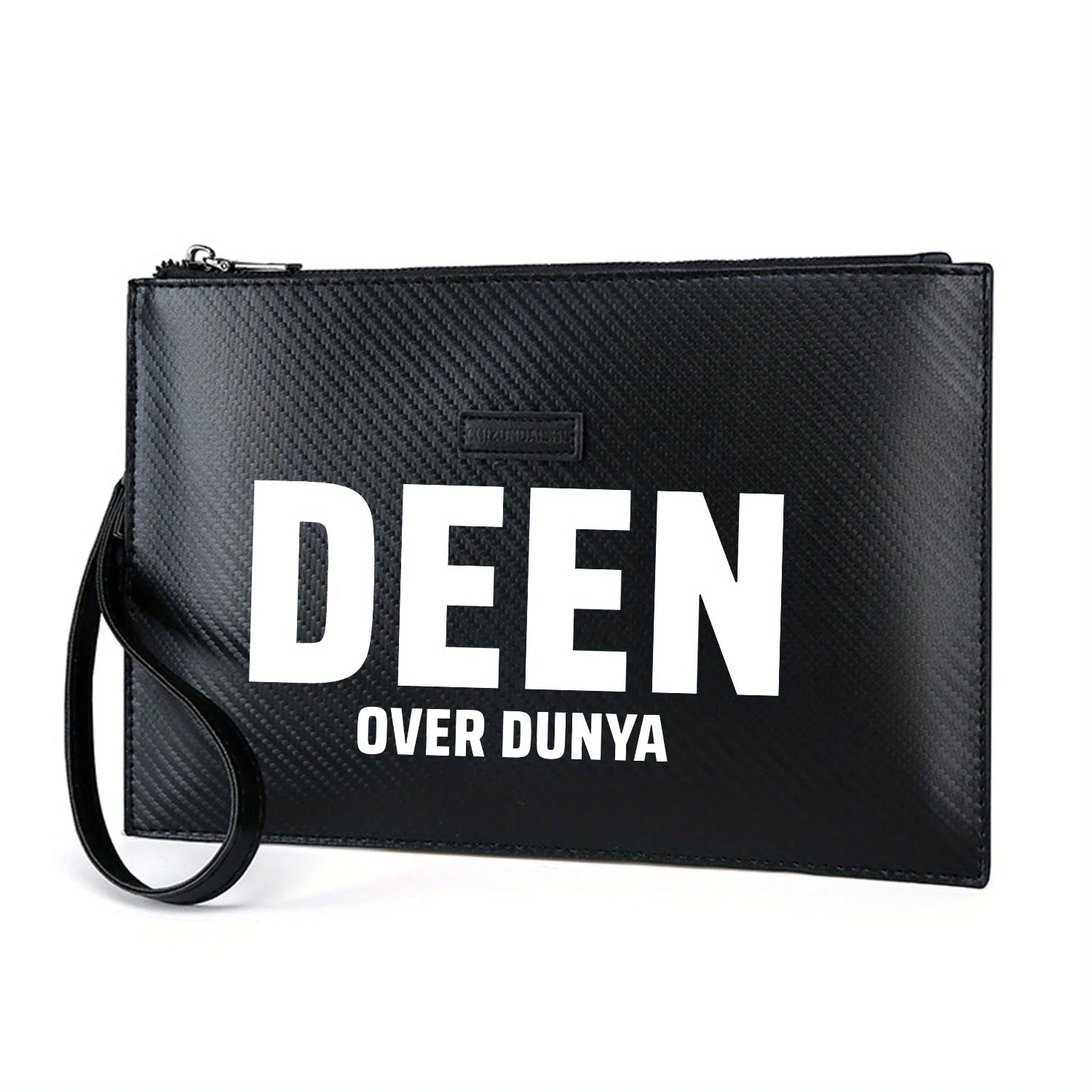 DEEN OVER DUNYA forte texto branco elegante impresso PU bolsa masculina elegante e prática para transporte diário