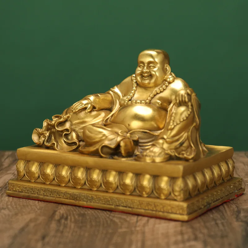All-Copper Maitreya Buddha, A Symbol Of Wealth And Prosperity, In A Reclining Pose, With A Large Belly, A Smiling Face, Suitable