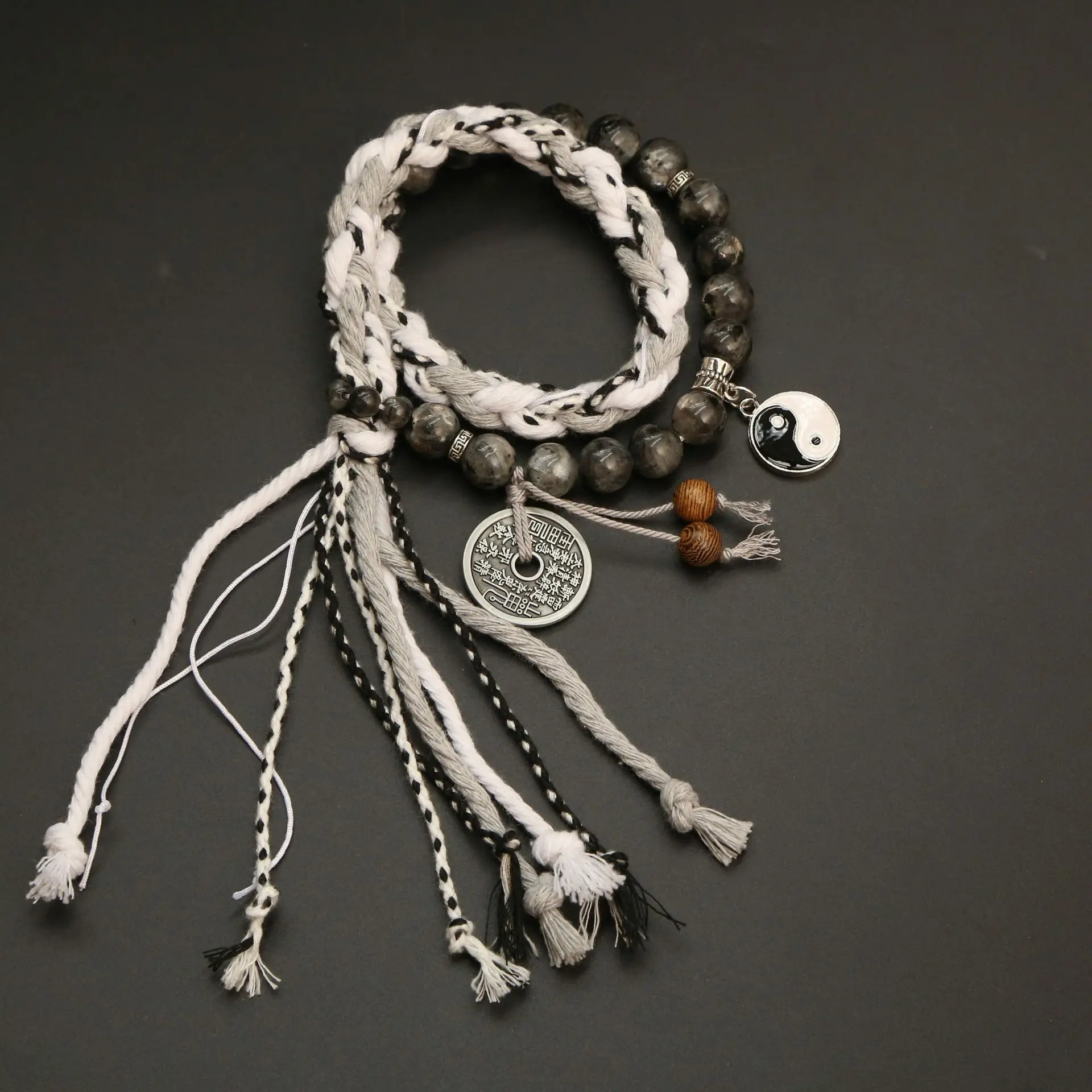Handwoven Black White Tai Chi Chinese Retro Tibetan Style Bracelet with Wuji Mountain Ghost Coin Pendant Gifts