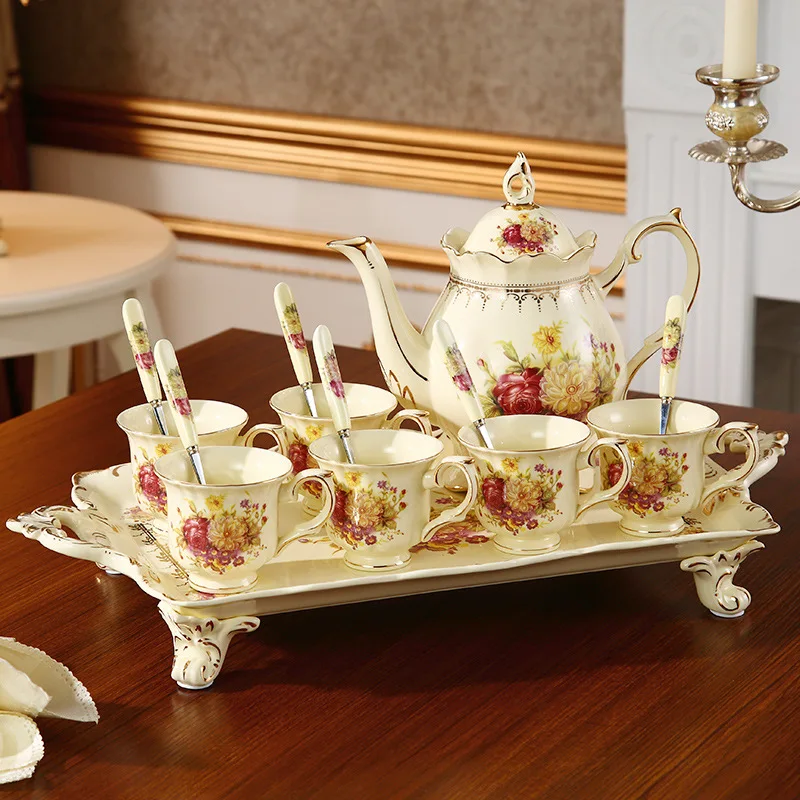 Shengshi Furong Luxury European Coffee Cup Set Living Room Coffee Table English Afternoon Tea Set Ceramic Cup Saucer with Tray