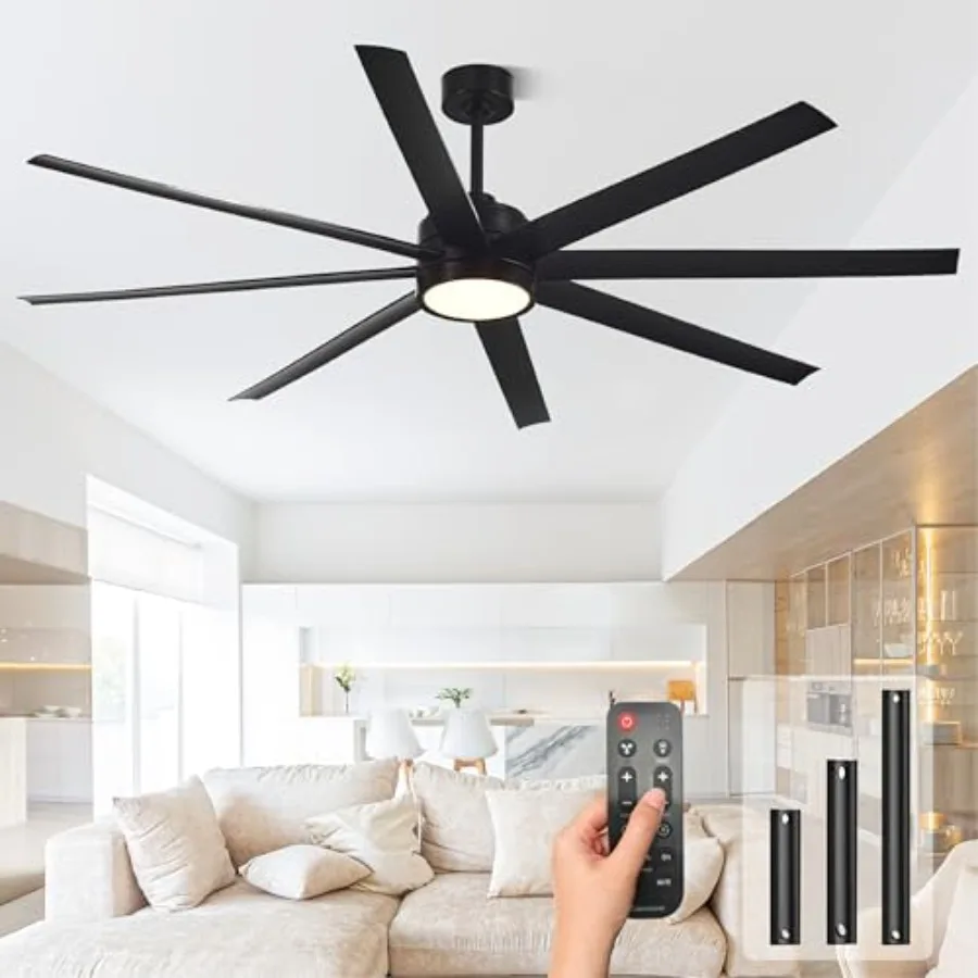 Bedroom living room library cafe outdoor/industrial ceiling fan with light, black metal 72-inch 8-blade quiet DC motor, 6-speed