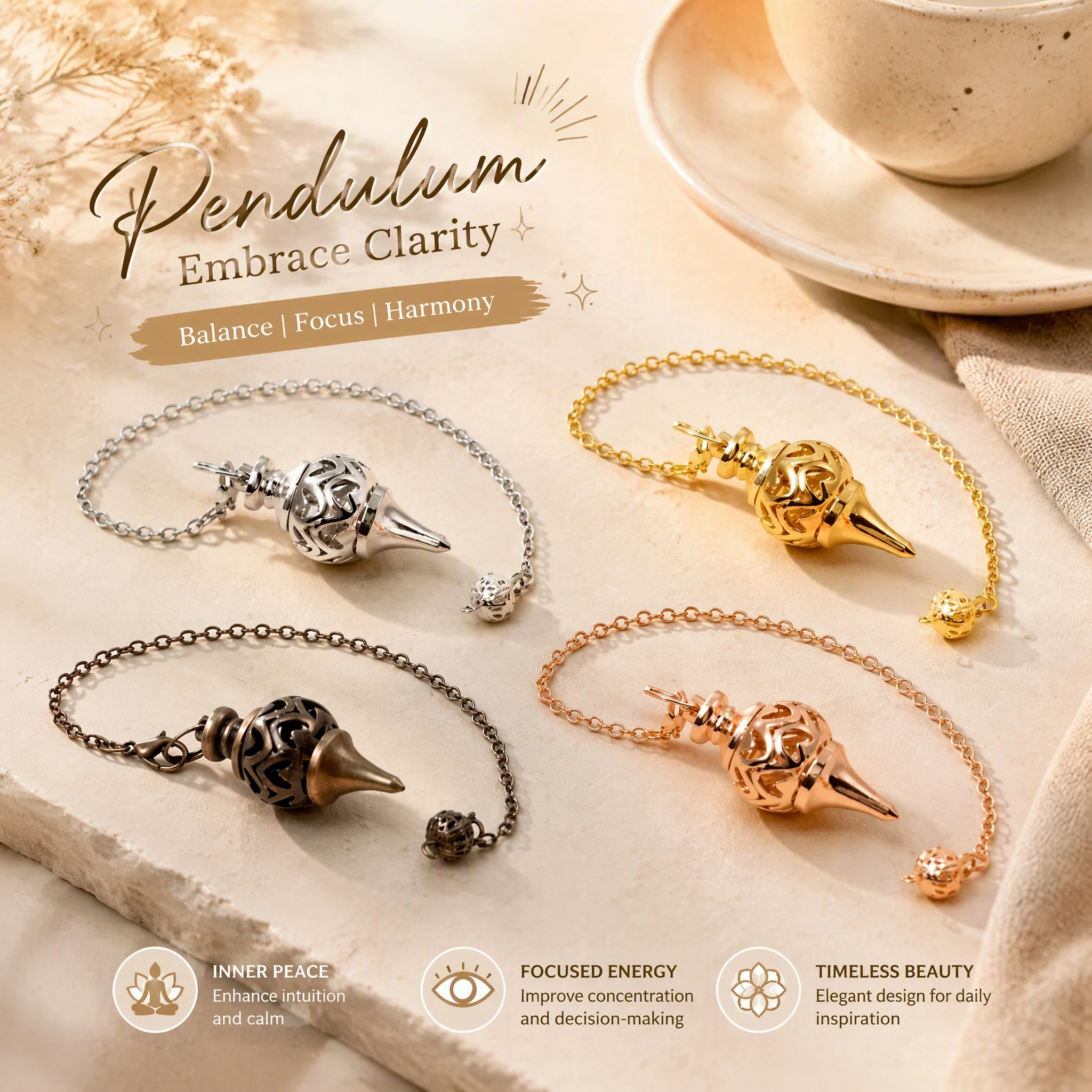 Metal Copper Hollow Ball Gravity Pendulum Pendant Openwork Small Charm Necklace Chain for Meditation Balance Focus Decor Gift