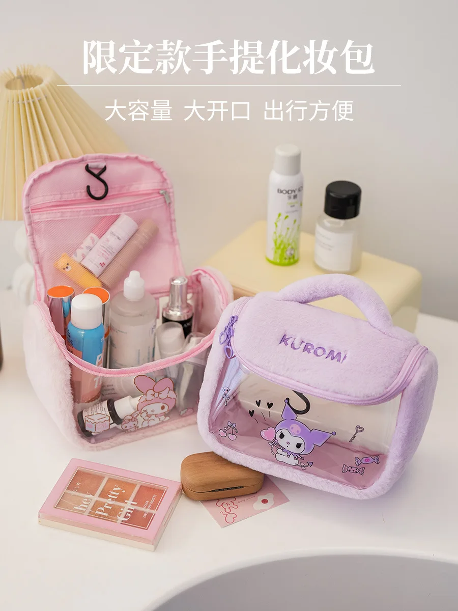 New Hello Kitty Plush Cosmetic Bag Cartoon Portable Kuromi Handbag Transparent Makeup Bag Large Capacity Travel Wash Organizer