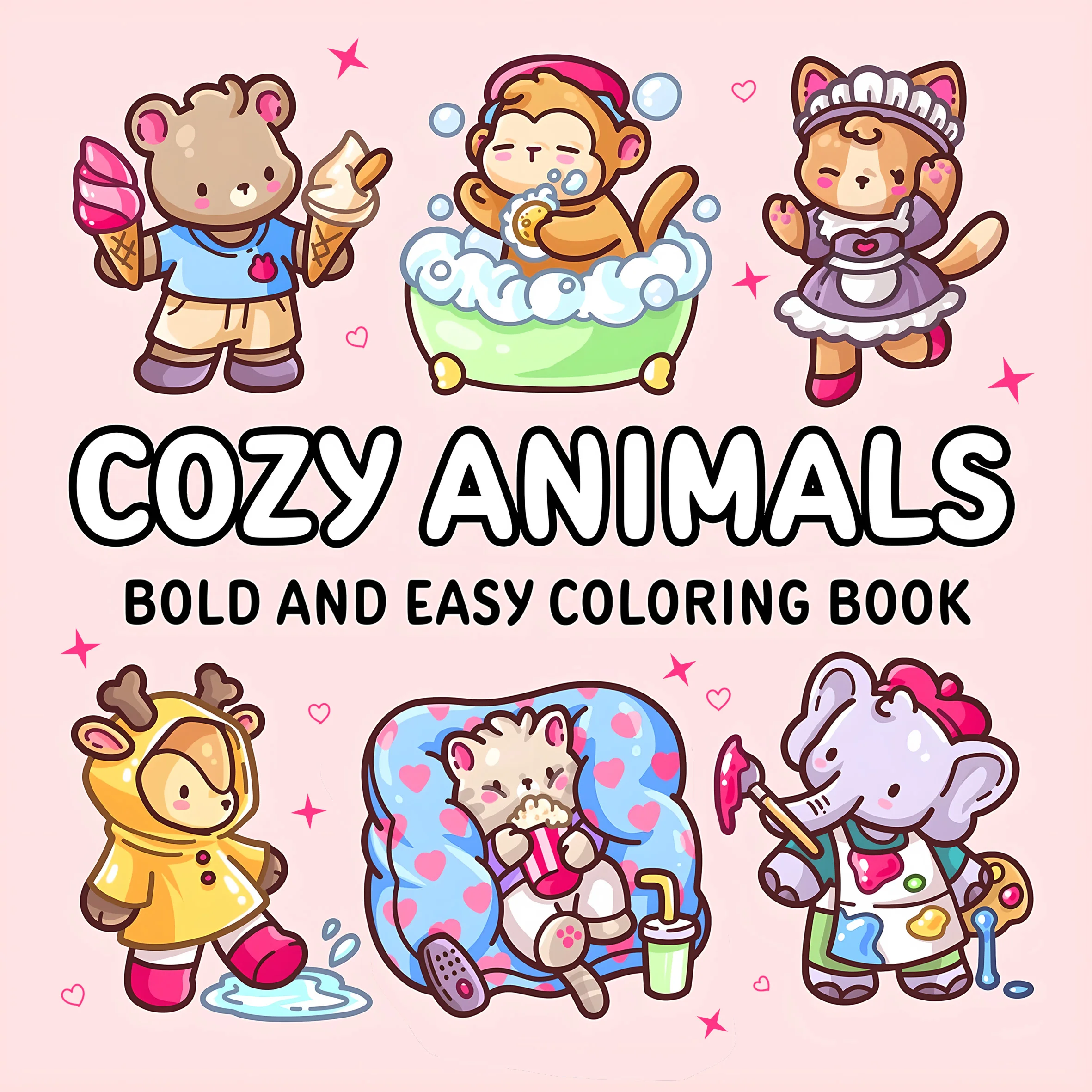 COZY ANIMALS Bold-easy Patterns Coloring Book for Adults Cute Drawing Book Perfect Gift for Party and Birthday