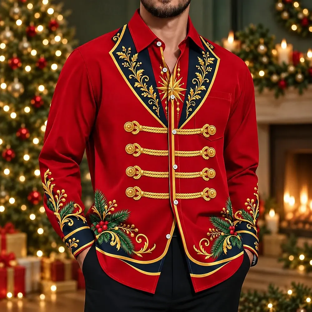 Vintage Royal Guard Christmas Print Men Shirt, Xmas Decor Long Sleeve Button Up Shirt, Holiday Party Costume Shirt