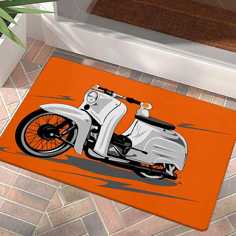 VIKAMA Retro Scooter Doormat Vintage Motorcycle Orange Background Print Non‑Slip Washable Entrance Mat Biker Home Decor FloorRug