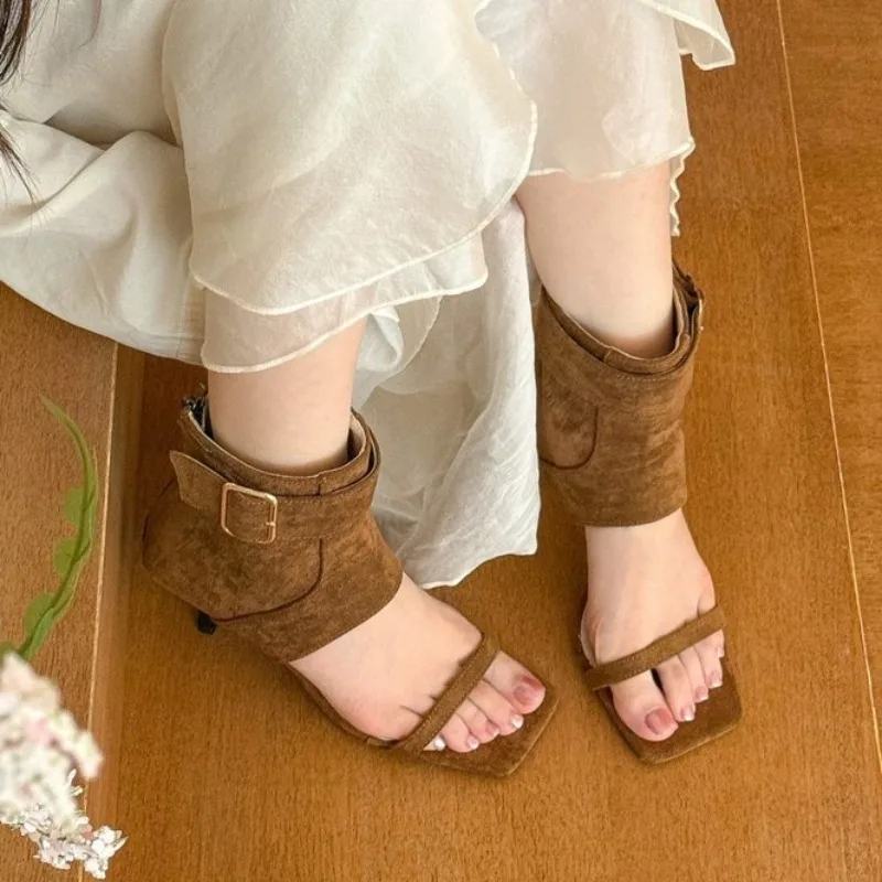 Women's Square Toe Mid Heel Sandals Suede Look Texture Booties Buckle Strap Ankle Wrap Casual Dress Shoes for Summer Daily Wear