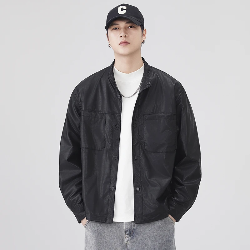 

Men Streetwear Fashion Loose Casual Stand Collar PU Leather Cargo Shirt Style Motorcycle Jacket Spring Autumn Coat Outerwear
