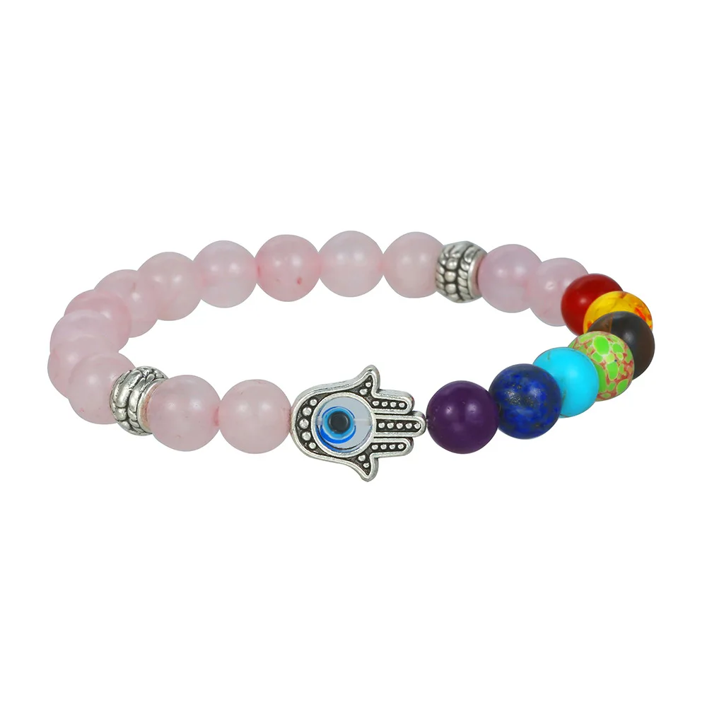 

European American Fatima Evil Eye Beaded Elastic Bracelet Rose Quartz Chakra Beads Yoga Jewelry