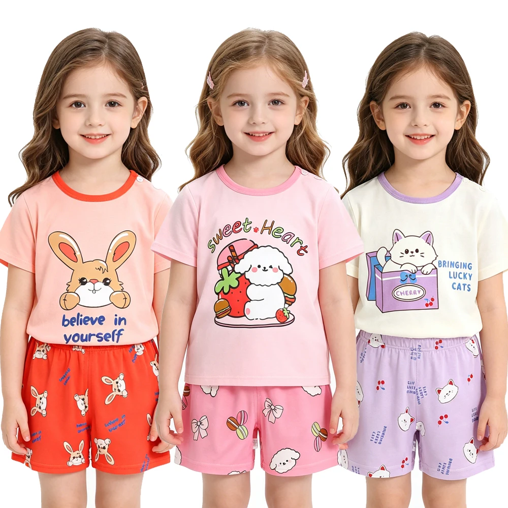 Boys Girls Pajamas Sets Kids Toddlers Baby 1 2 3 4 5 6 Years 100% Cotton Short Sleeve Pijamas Cute Cartoon Children Pyjamas Pjs