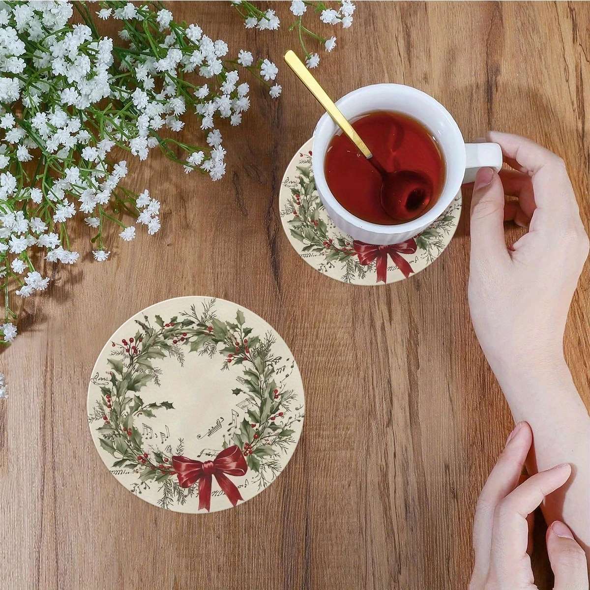 10in Christmas Holiday 2D Wooden Coaster with Heat-Resistant Red Bow Pinecone Design Coffee Table Home Decor Beverage Protection