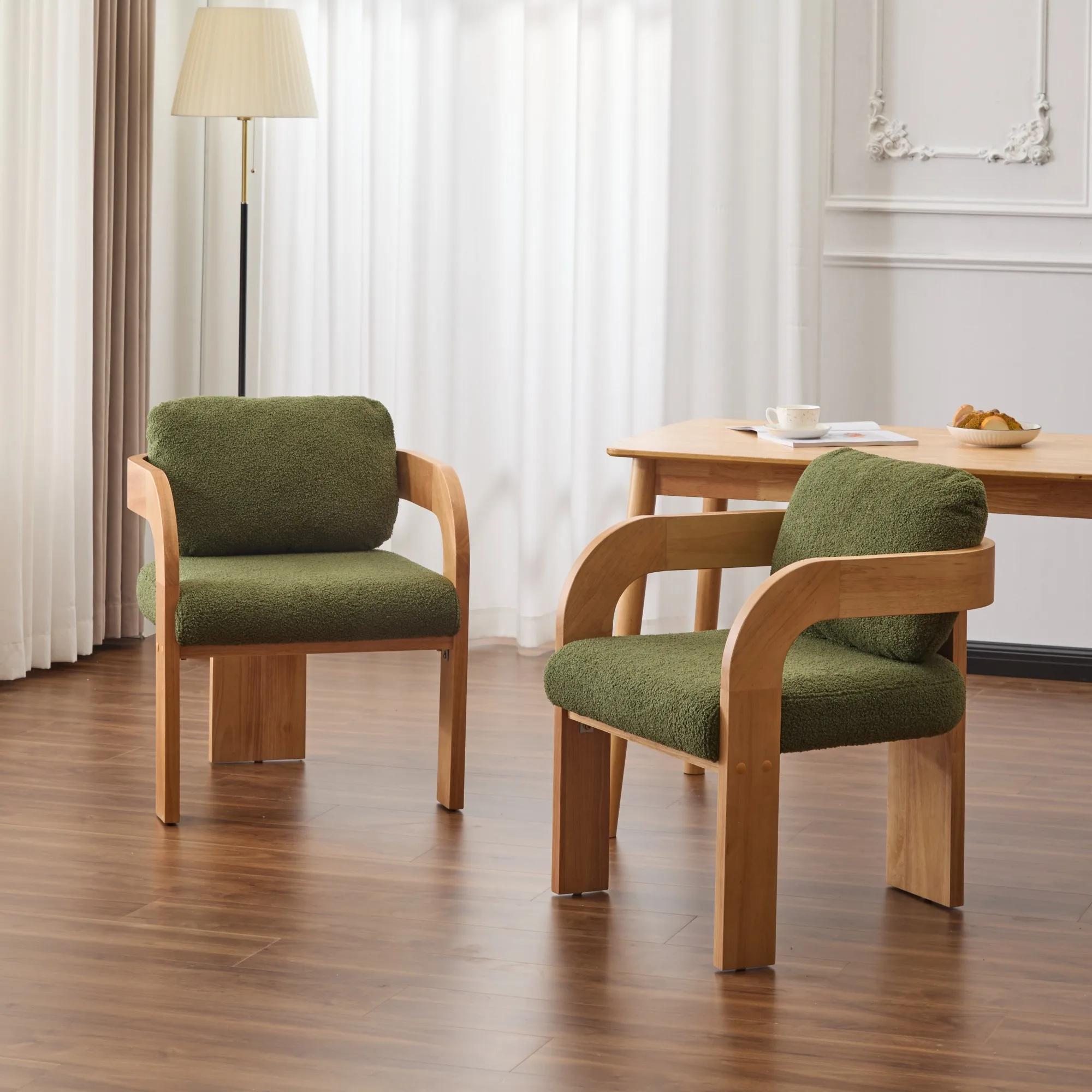 2-Pack Dining Chairs with Pillow Back, Green Boucle Fabric, Natural Color Solid Wood Frame Dining Room Furniture