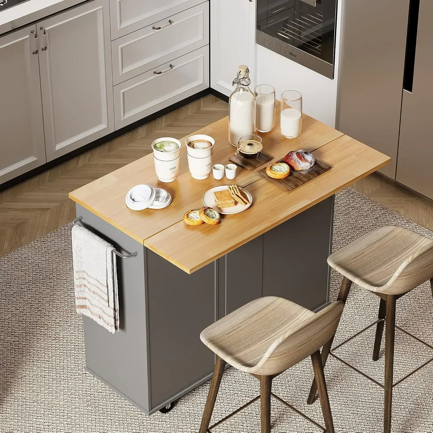 Shintenchi Rolling Kitchen Island Cart with Folding Drop Leaf Breakfast Bar, Portable Trolley Island with Large Storage Cabinet,