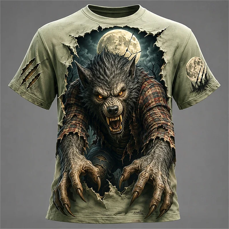 Men's Summer Halloween Cool and Spooky Werewolf Print Short-Sleeve T-Shirt Fashionable Trendy Streetwear Short-Sleeve T-Shirt