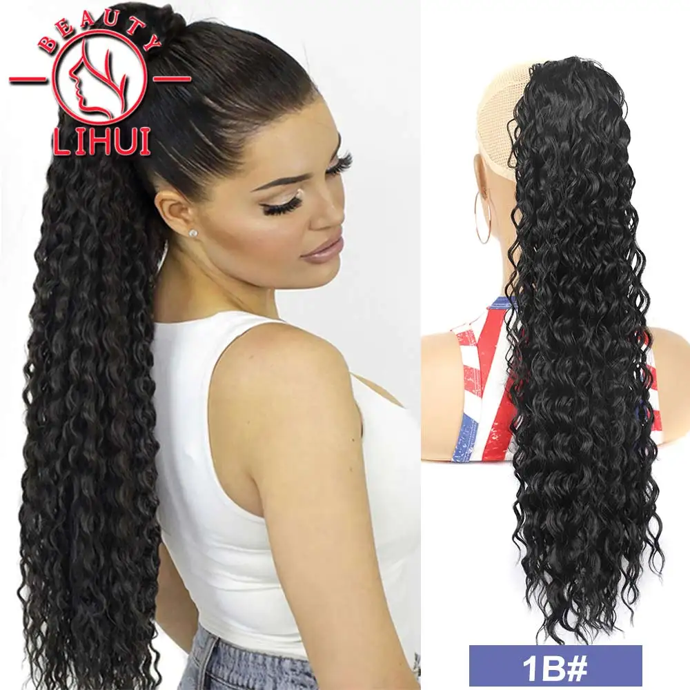 Long Loose Water Wave Ponytail Synthetic Drawstring Puff Ponytail Extensions For Women Clips In Wrap Around Curls Ponytail 150g