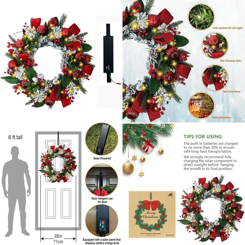 

28 Inch Solar Powered 50 LED Lighted Artificial Christmas Wreath with Frosted Tips, Pine Cones, and Red Velvet Bows for Outdoor