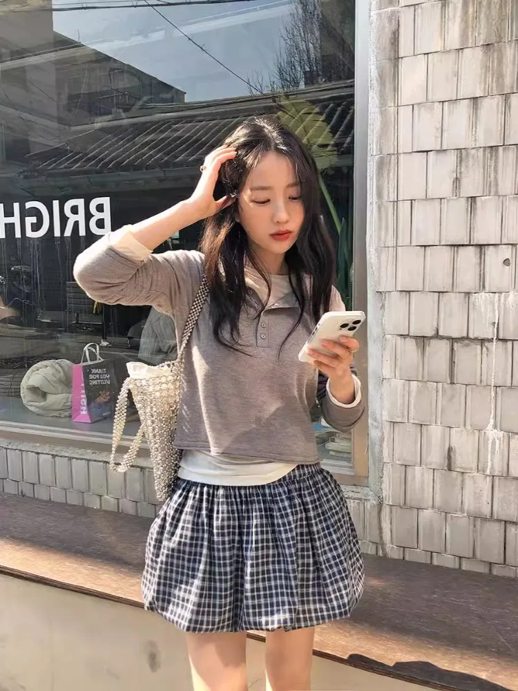 Vintage Age-reducing Skirts Plaid Puffy Skirt Female Faldas Para Mujeres Summer New Mini Skirt Korean Fashion Clothing