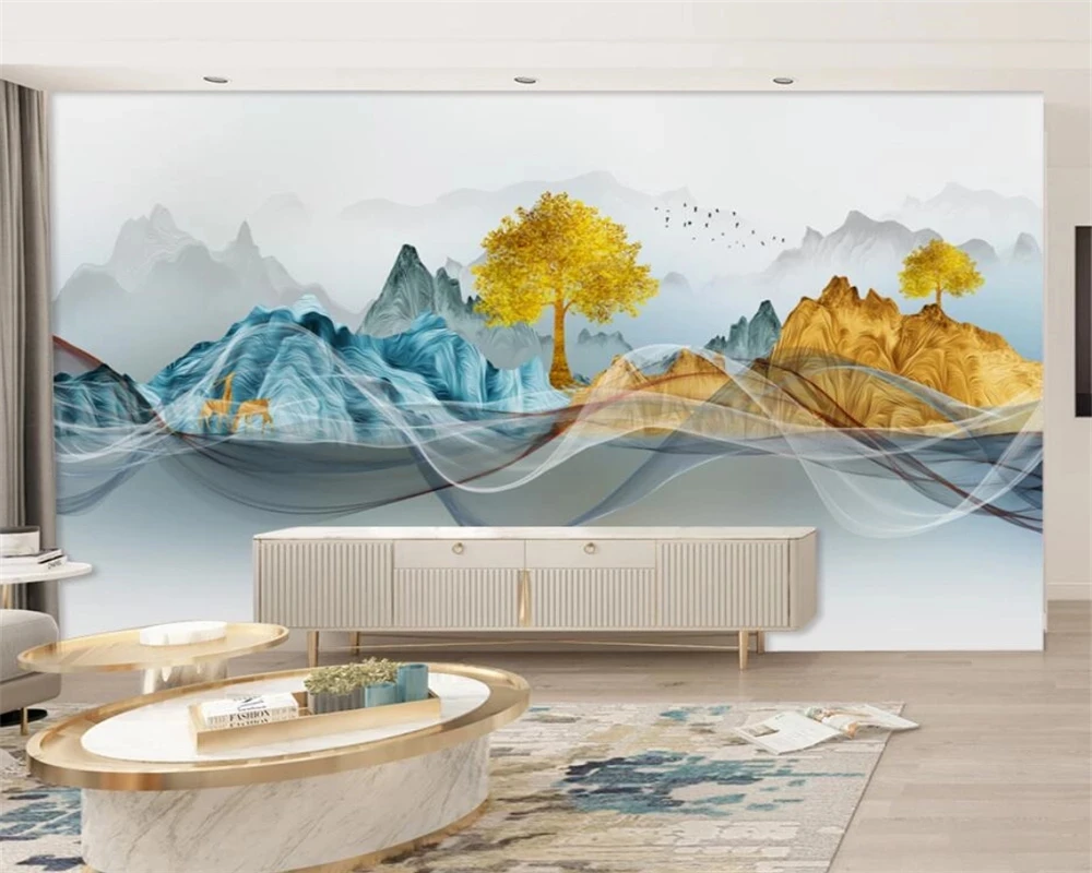 Customized Mural modern light luxury mountain elk atmospheric golden tree wallpaper Living room TV background bedroom restaurant