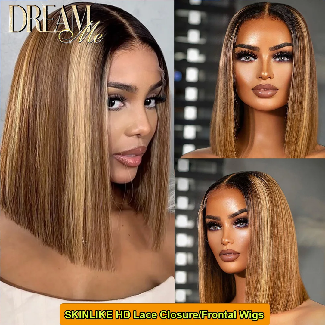 Highlight Straight Bob Glueless Lace Closure Wig, Prête à porter, Pré-plumé, Cheveux humains, 5x5 HD, 13x4, 250%