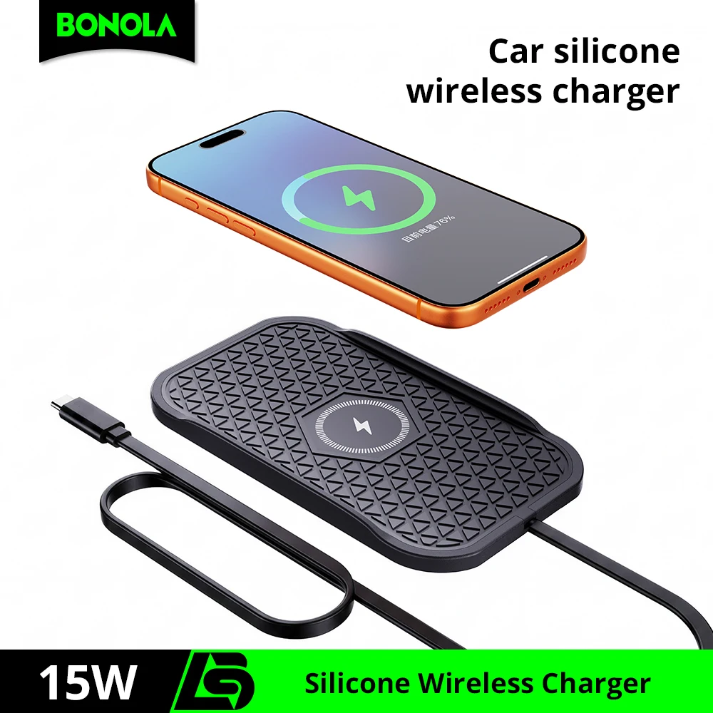 Bonola Silicone Car Wireless Charger Cradle Compatible iPhone/Android induction 15W Wireless Fast Charging with C Port Cable