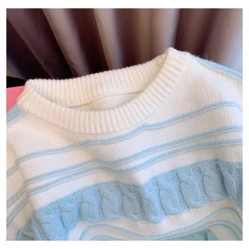 Lazy Style Thickened Fried Dough Twists Knitting Top Winter Women\'s Clothing Color Blocking Striped Long Sleeve Loose Sweaters