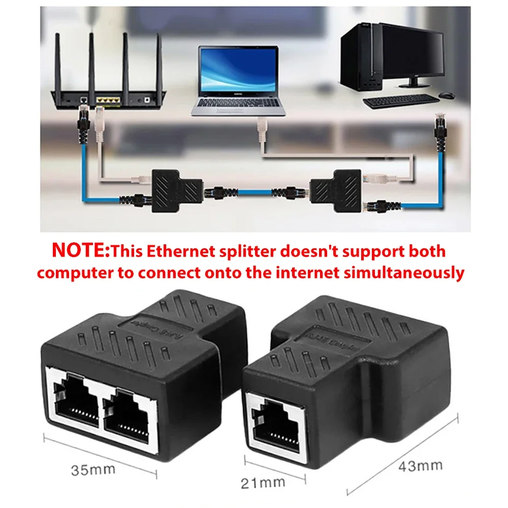 Network Splitter Double Cable 1 To 2 Way LAN RJ45 Ethernet  Port  Extender Plug Connector Adapter Laptop Docking