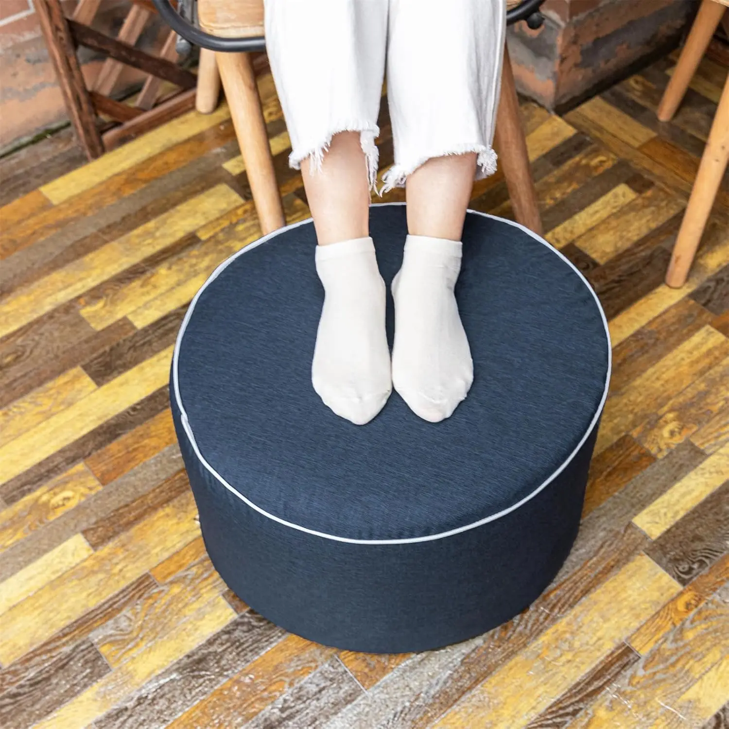 

Outdoor Ottoman 19x12 Inches Lightweight Foam Stuffed Pouf Waterproof Footrest for Patio Garden Navy Blue