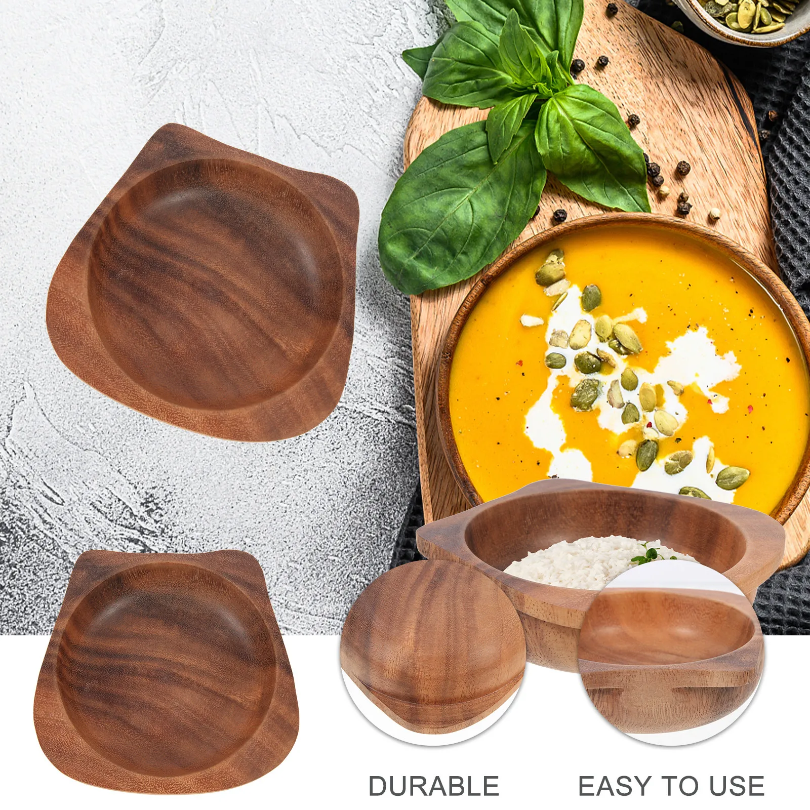 

Kids Food Wooden Toddler Breakfast Bowl Reusable Children Dinner Bowl Portable Soup Salad Noodle Container Sturdy