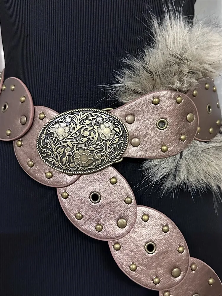 女性のファッションフェイクファーパッチワークリベット Pu レザーコルセット女性カマーバンドコートウエストバンドドレス宣言ワイドベルト J1332