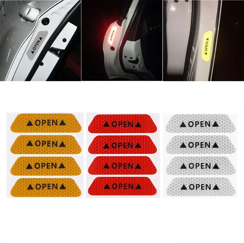 4PCS Reflective Car Door Sticker Safety Opening Warning Reflector Tape Decal Car Accessories Exterior Interior Reflector Sticker