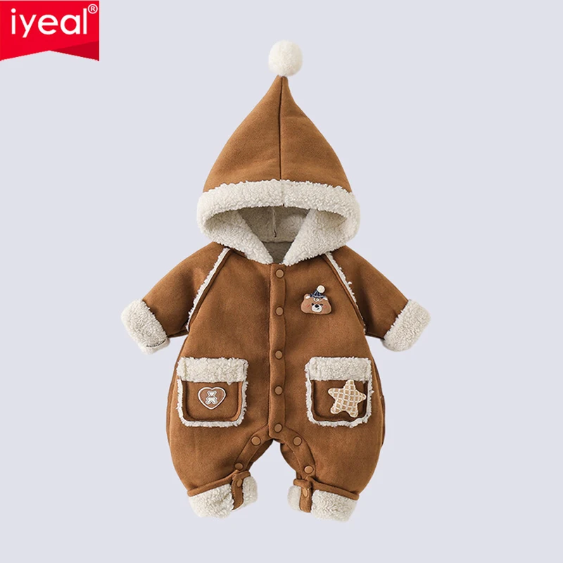 IYEAL Unisex Baby Winter Quilted Pointed Hood Romper Fleece Trim Button Front Jumpsuit with Star Heart Embroidery Pockets Warm O
