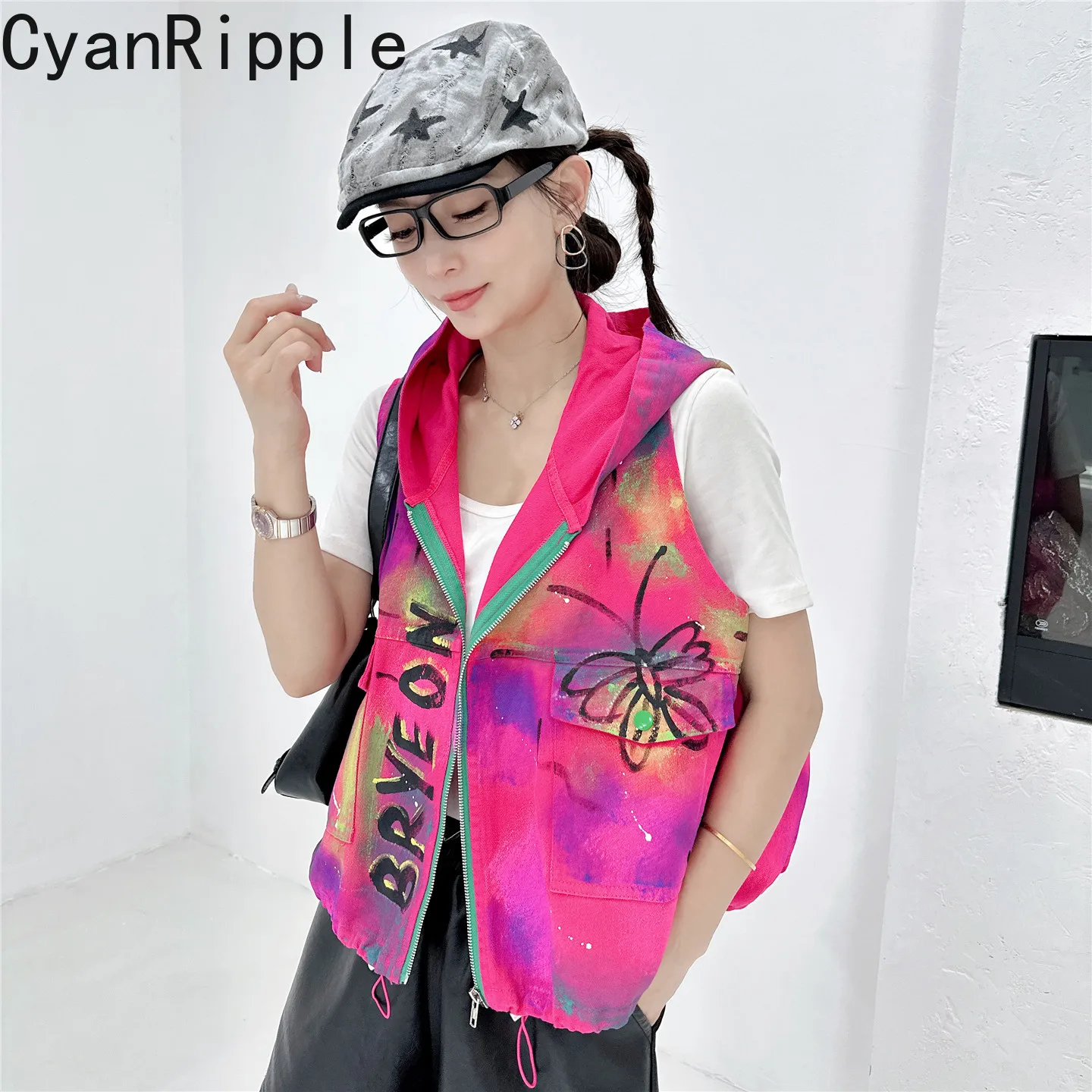 Tie-dye Graffiti Print Spring Summer Loose Cardigans Top Sleeveless Denim Vest Coat Streetwear All-match Women Hooded Jackets