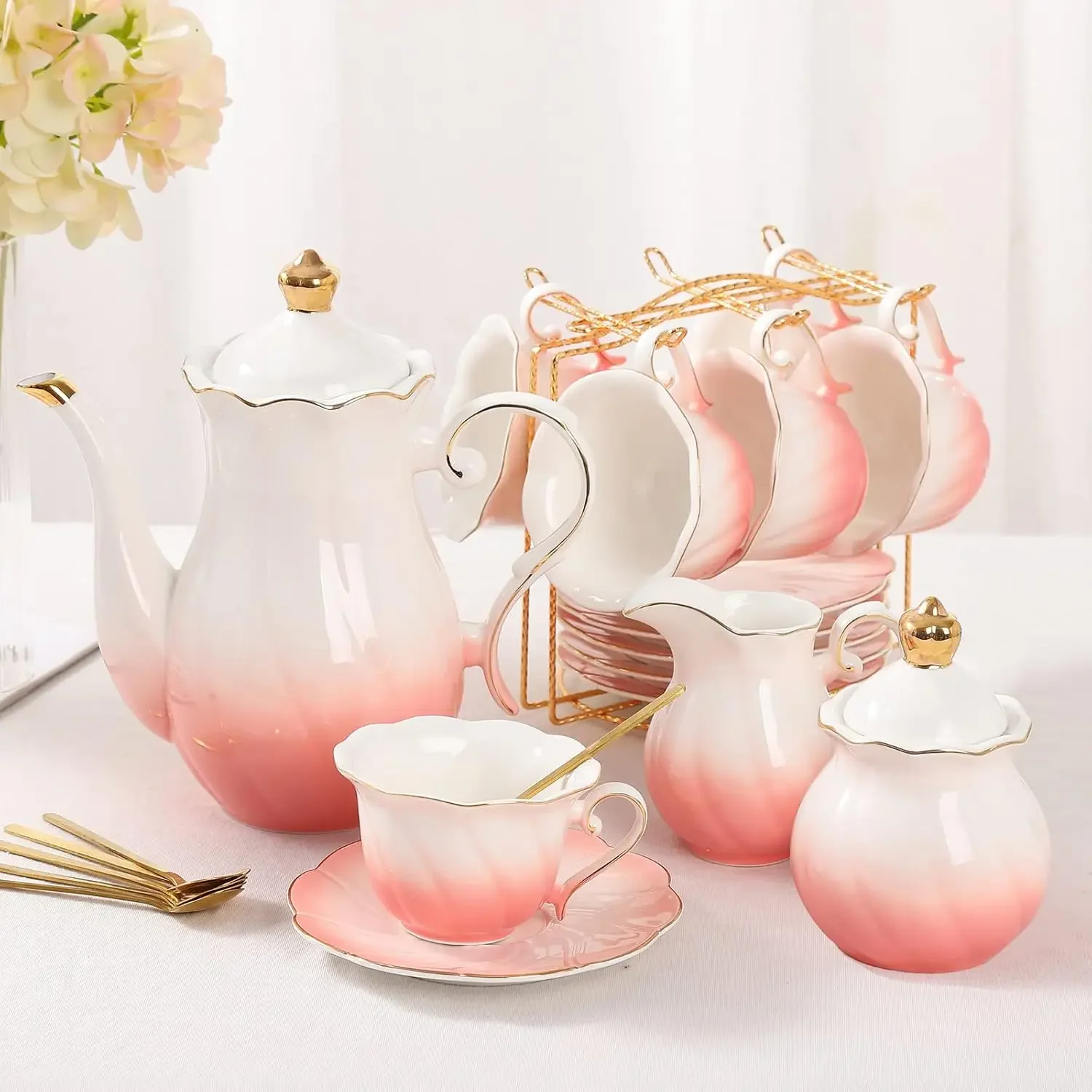 

22 pcs Porcelain Tea Set for 6, Luxury British Style Tea/Coffee Cup Set with Golden Trim, Beautiful Tea Set for Women, Tea Party