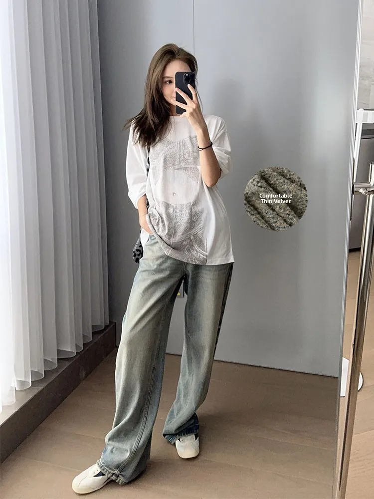 

MeiYang повседневные джинсовые джинсы с высокой талией, прямые свободные синие женские джинсы с песочной талией, повседневная одежда, всесезонные