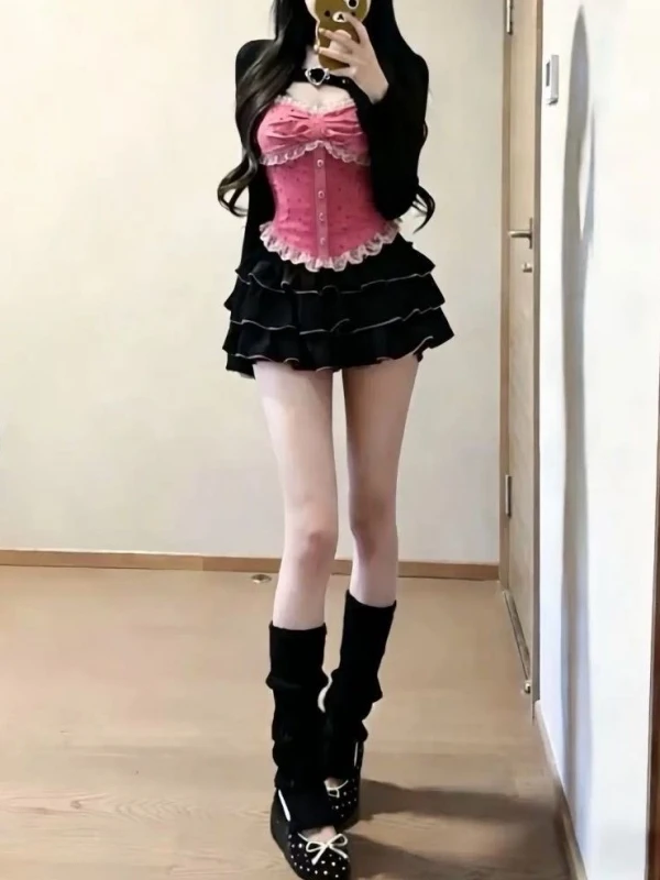 

Sweet Spicy Chic Sexy Girl Open Cardigan Jacket Pink Polka Dot Strap Summer Pure Desire Puffy Skirt Three Piece Set Women's F...