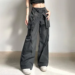 Pantaloni a gamba larga da ballerino Hippie grigio a vita bassa pantaloni Cargo con orlo a nastro Patchwork Y2K pantaloni larghi Grunge coreano Casual