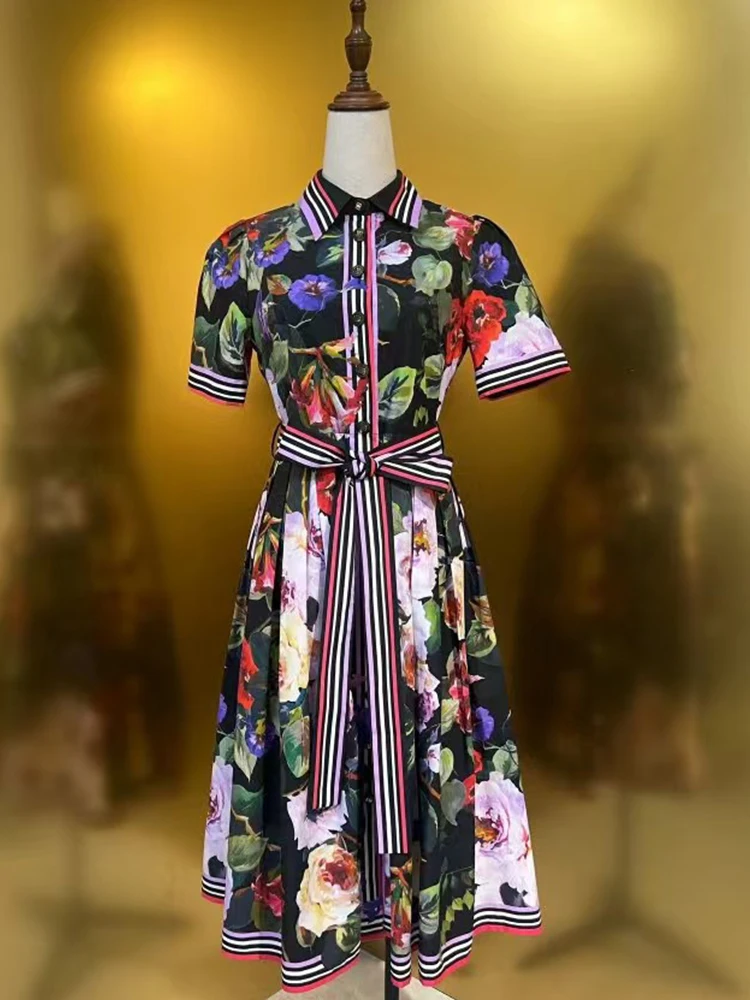 Vintage Print Revers Einreiher Schnür Taille Kleid 2024 Sommer Frauen neue Pompadour Rock Mode lose Hemd Kleid