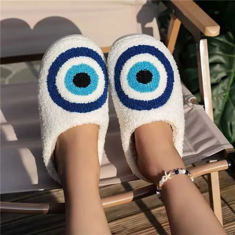 

Novelty Blue Eye Fluffy Fur Slippers Women Warm Closed Toe Cute Plush Cotton Slippers 2024 Home Soft Winter Indoor Shoes Gift