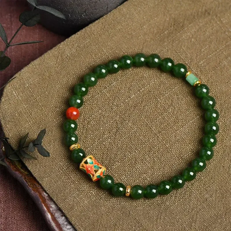 UMQ Natural jasper spinach green bracelet women's 6mm jadeite single circle retro Guochao fashion bracelet jewelry