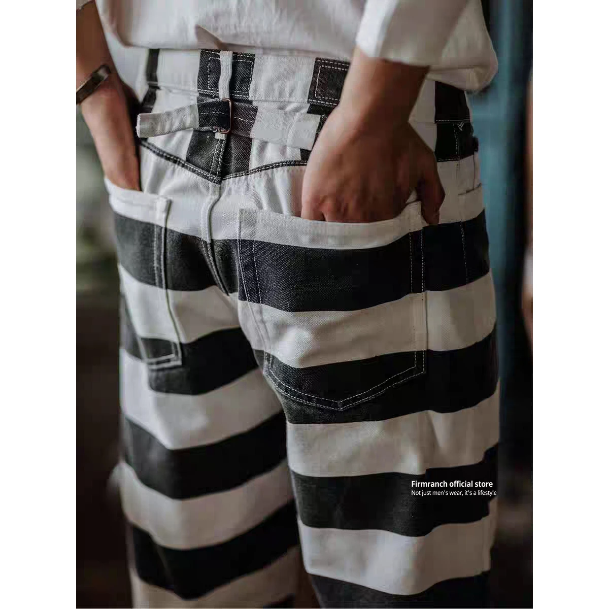 Firmranch-pantalones de trabajo a rayas de peso pesado, Retro americano, 16oz, Vintage, Amekaji, lona, Rock And Roll, para motocicleta