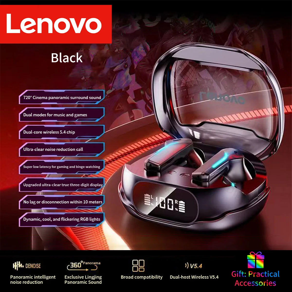 Lenovo Wireless Gaming Earbuds Ultra-Low Latency Sports ANC RGB Lighting HD Call Ergonomic Design Long Battery Life Earphones