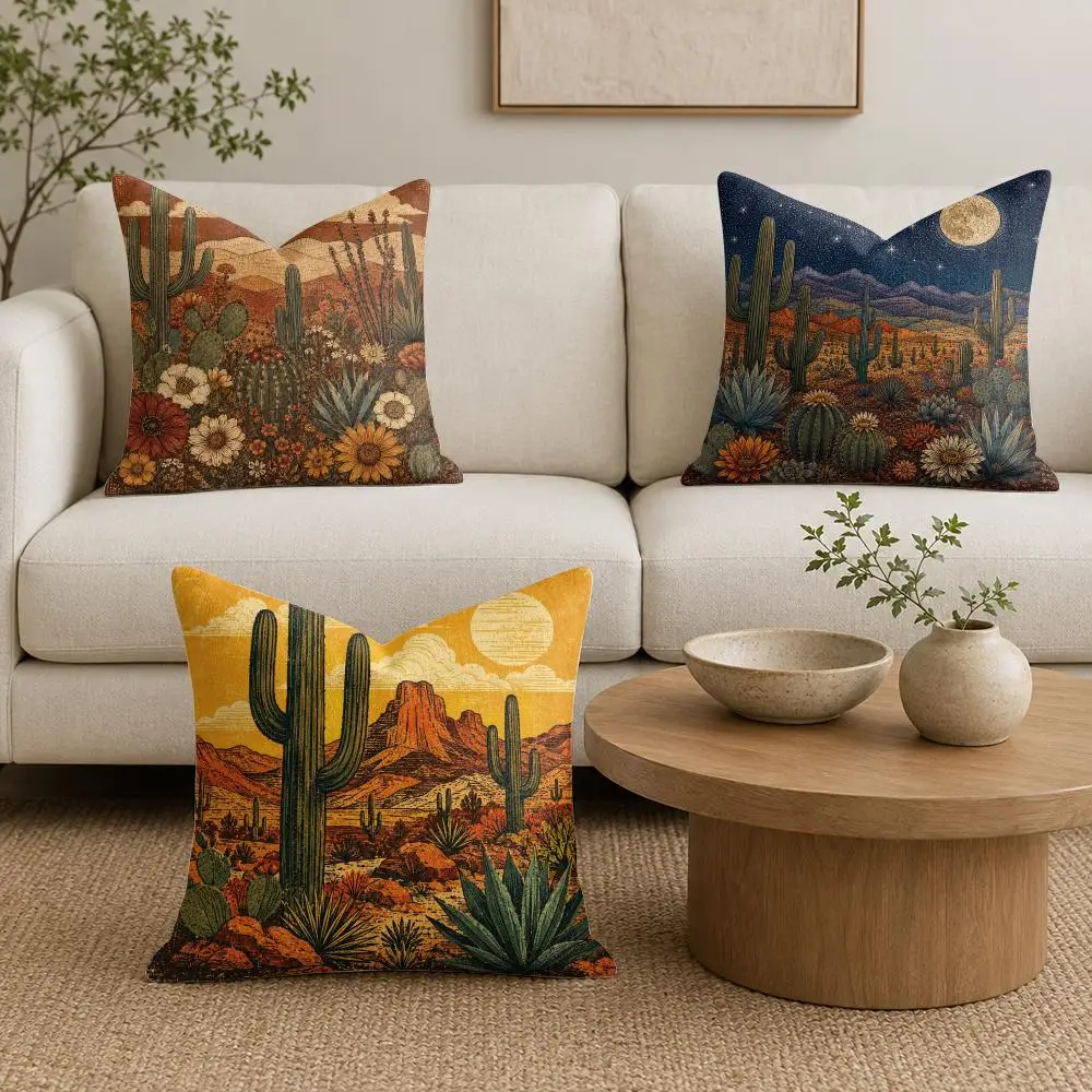 Boho Desert Cactus Cushion Cover Organic Linen Throw Pillow Cover - Double-Sided Print Breathable Cushion Case Home Decor