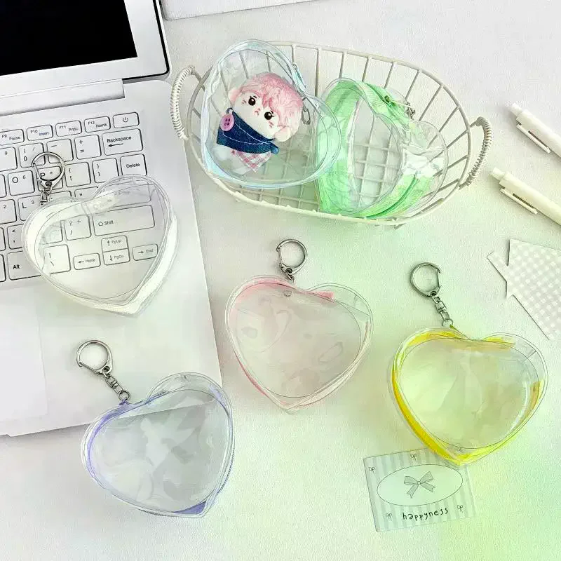 Colorful Heart Transparent Zipper PVC Storage Bag Kaychain Plush Dolls Protector Case Earphone Data Wire Coin Pouch Portable
