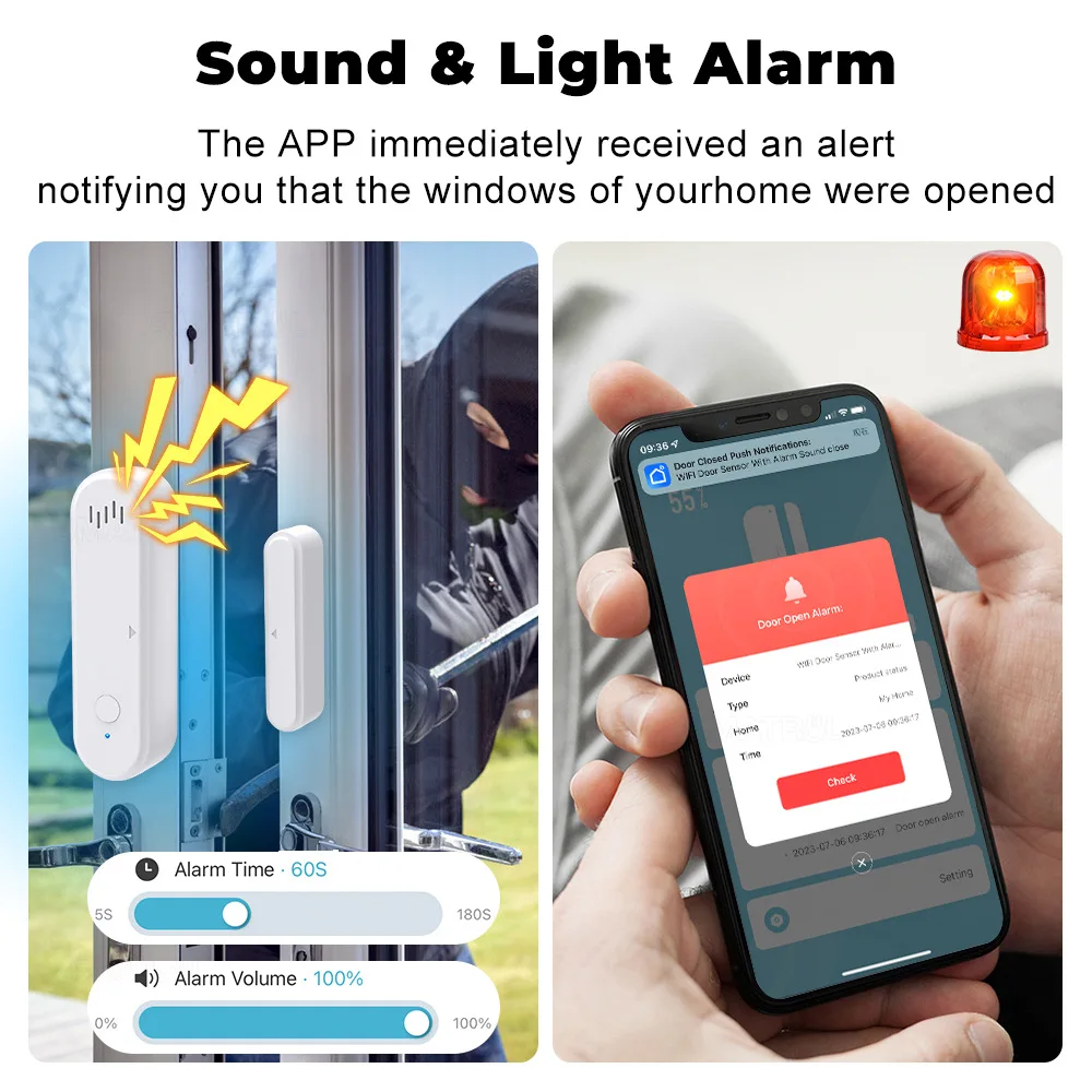Tuya Smart Life WiFi Door Window Sensor Sound WiFi Security Alarm Remote Control Timing Arm and Disarm Voice Control With Alexa