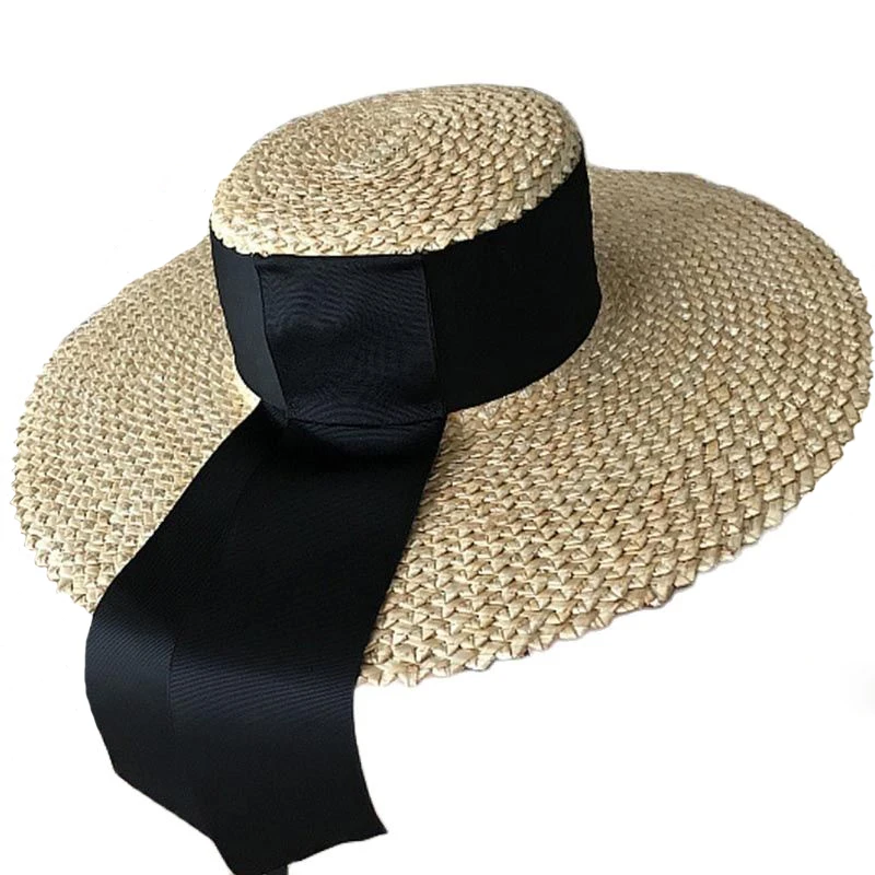 

Women Natural Floppy Straw Hat Wide Brim Summer Hat Flat Top Black Long Band Beach Hat Cap Ladies Kentucky Derby Sun hats