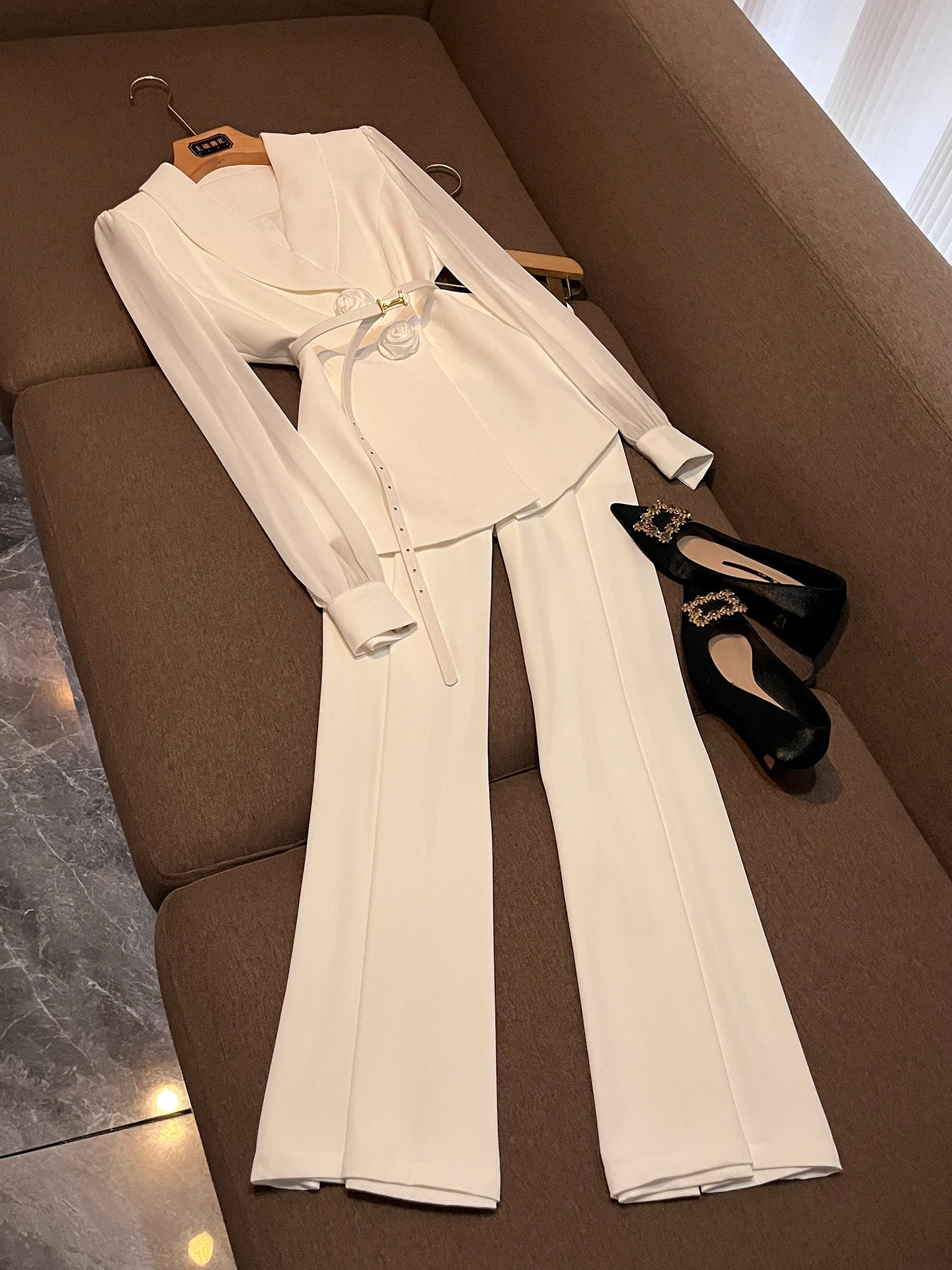 

Slimming Commute Style Fashion Set Deep V Neck Half Transparent Long Sleeve Straight Leg Pants Women's Summer Polyester Outfit
